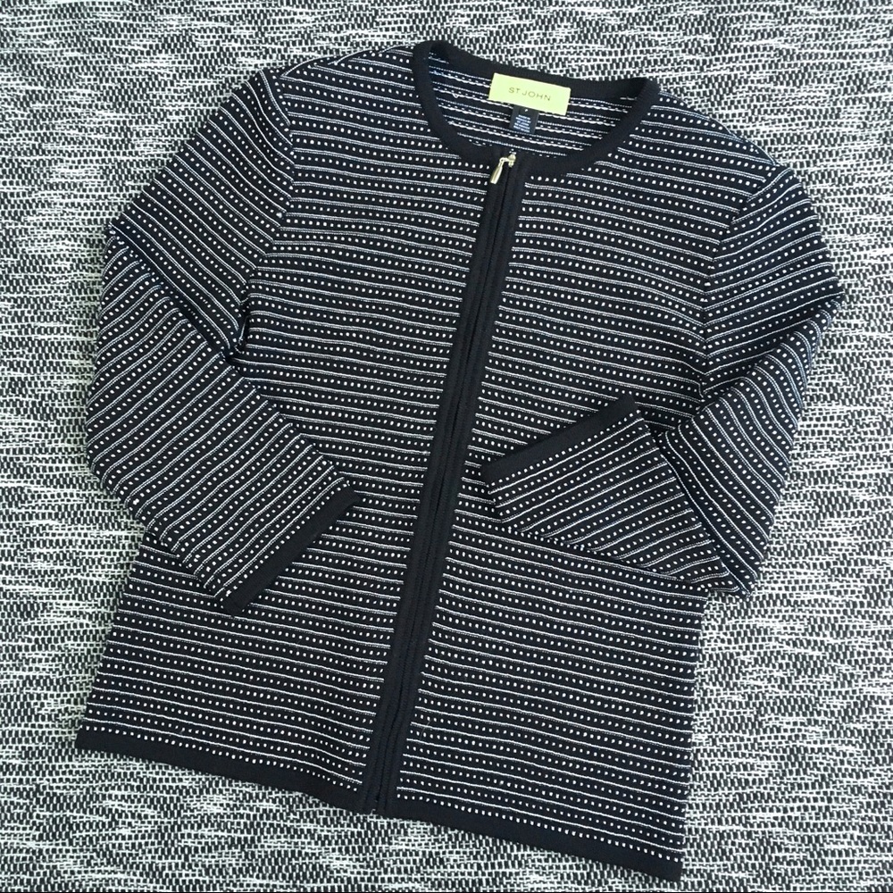 St. John Black White Zip Up Wool Cardigan 2